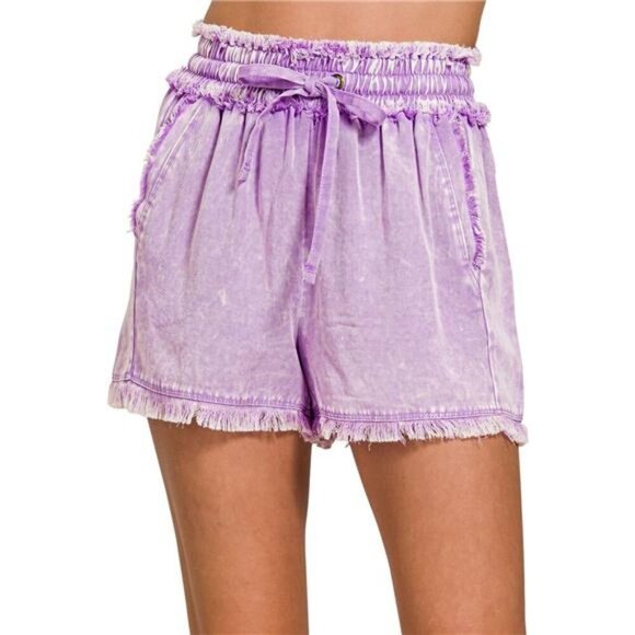 Zenana Mineral Frayed Hem Washed Shorts - Picture 1 of 4